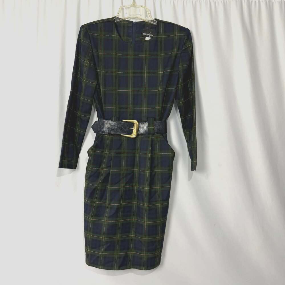Vintage 80s Women's Positive Attitude Plaid Belted Shift Dress Sz 3/4